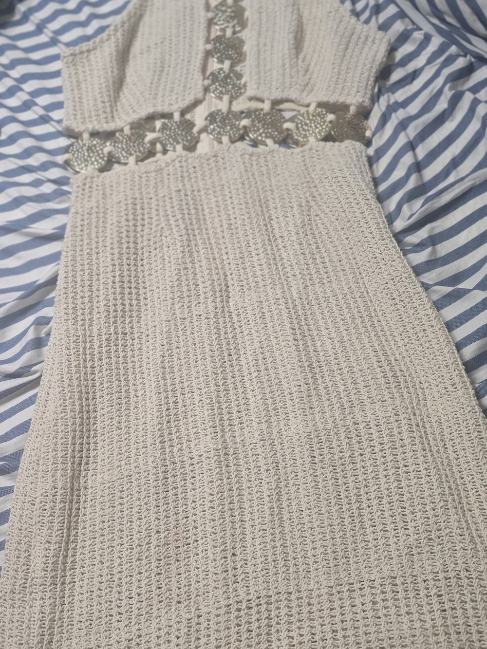 Fashion Nova Cream Knit Maxi Dress with Rhinestone Waist Accents